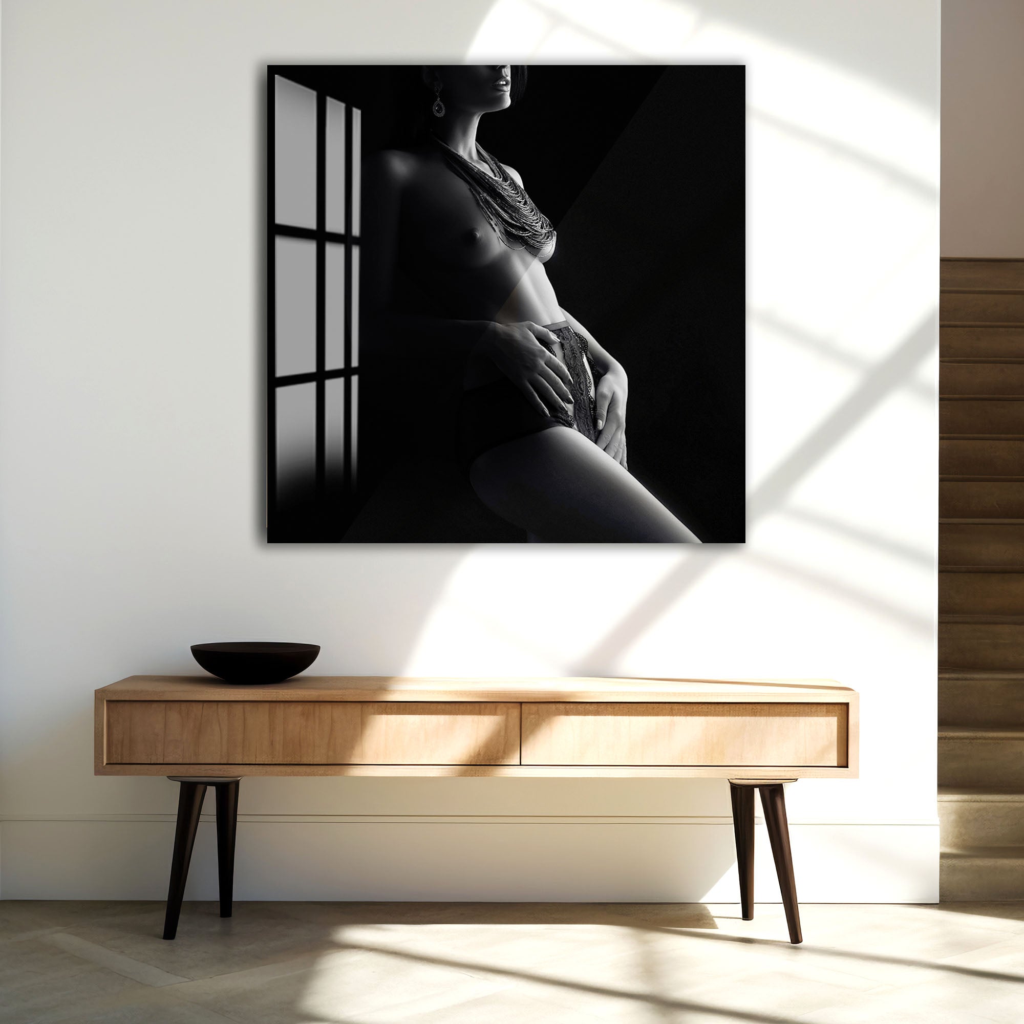 Erotic Female Nude Glass Wall Art – Sensual Black and White Elegance