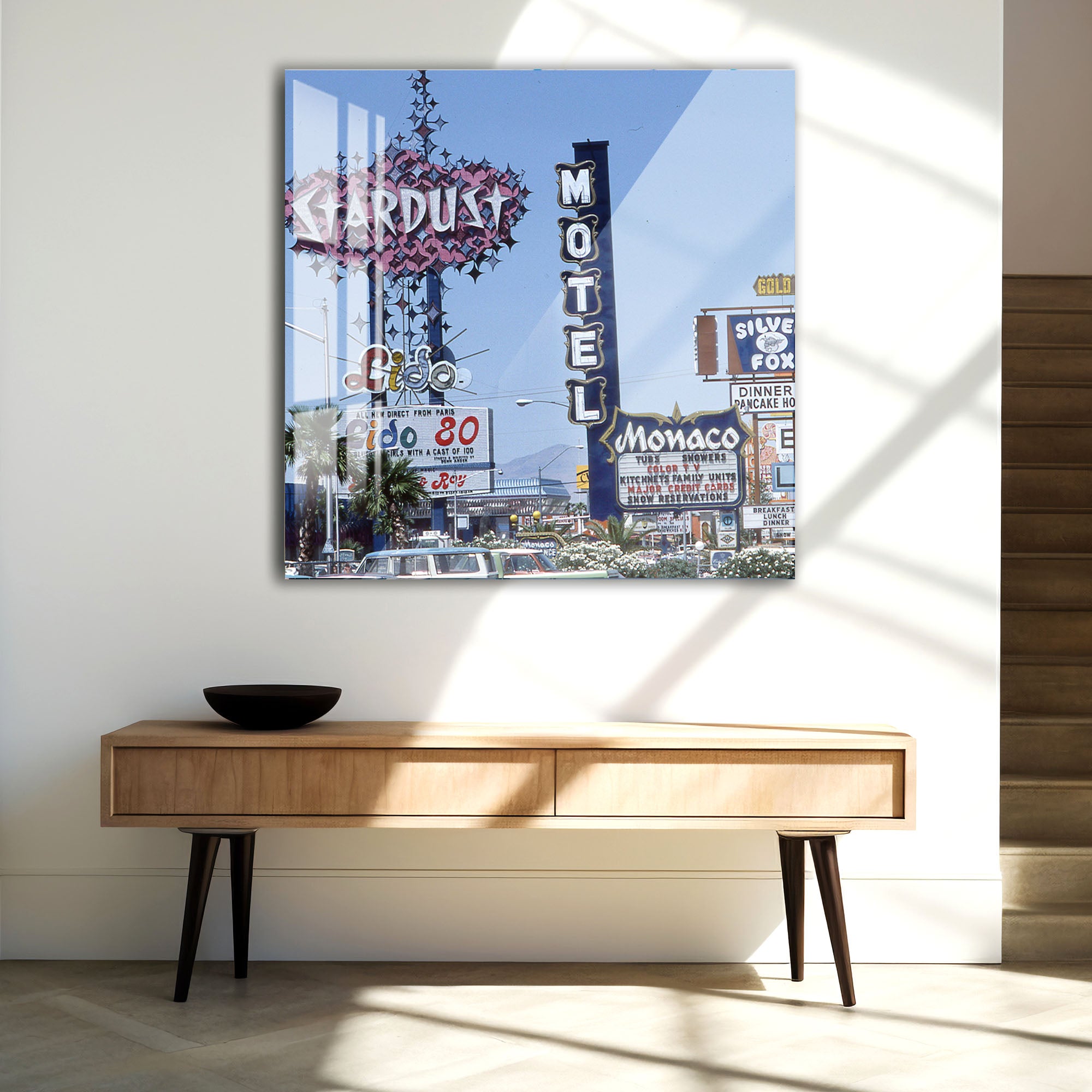 Las Vegas Vintage Signs Glass Wall Art – Retro Cityscape Poster for Modern Interiors
