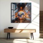 Astronaut Holding Earth Glass Wall Art – Futuristic Space Decor for Modern Interiors