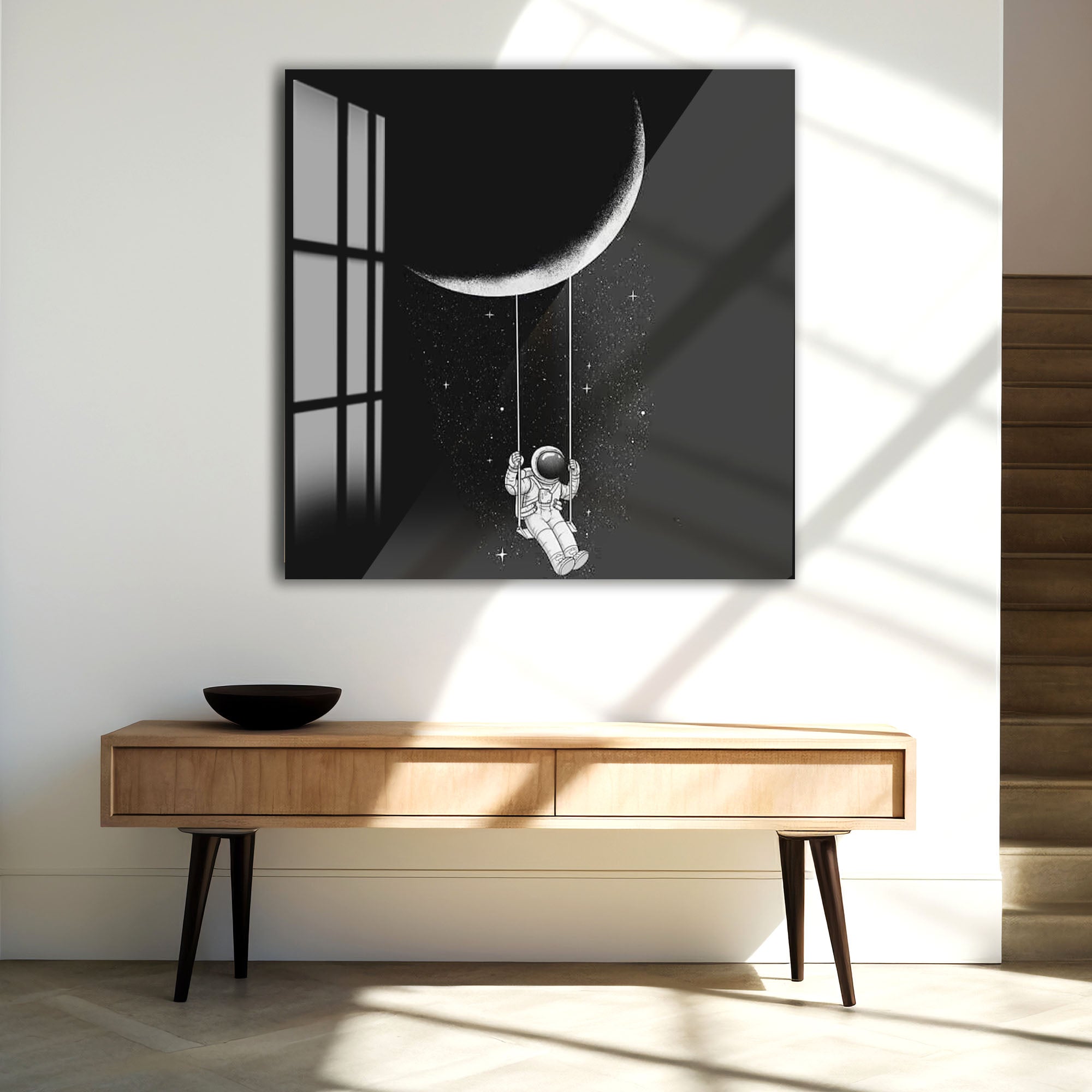 Astronaut Swing on Moon Glass Wall Art – Whimsical Space Decor for Modern Interiors
