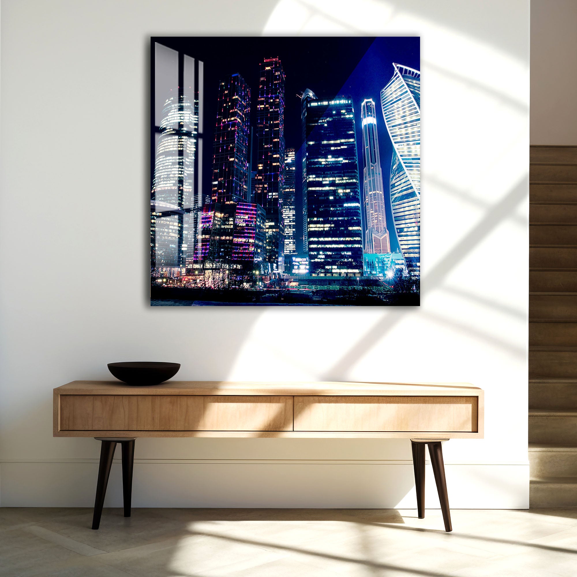 Moscow City Skyline Glass Wall Art – Futuristic Night Skyscraper Poster