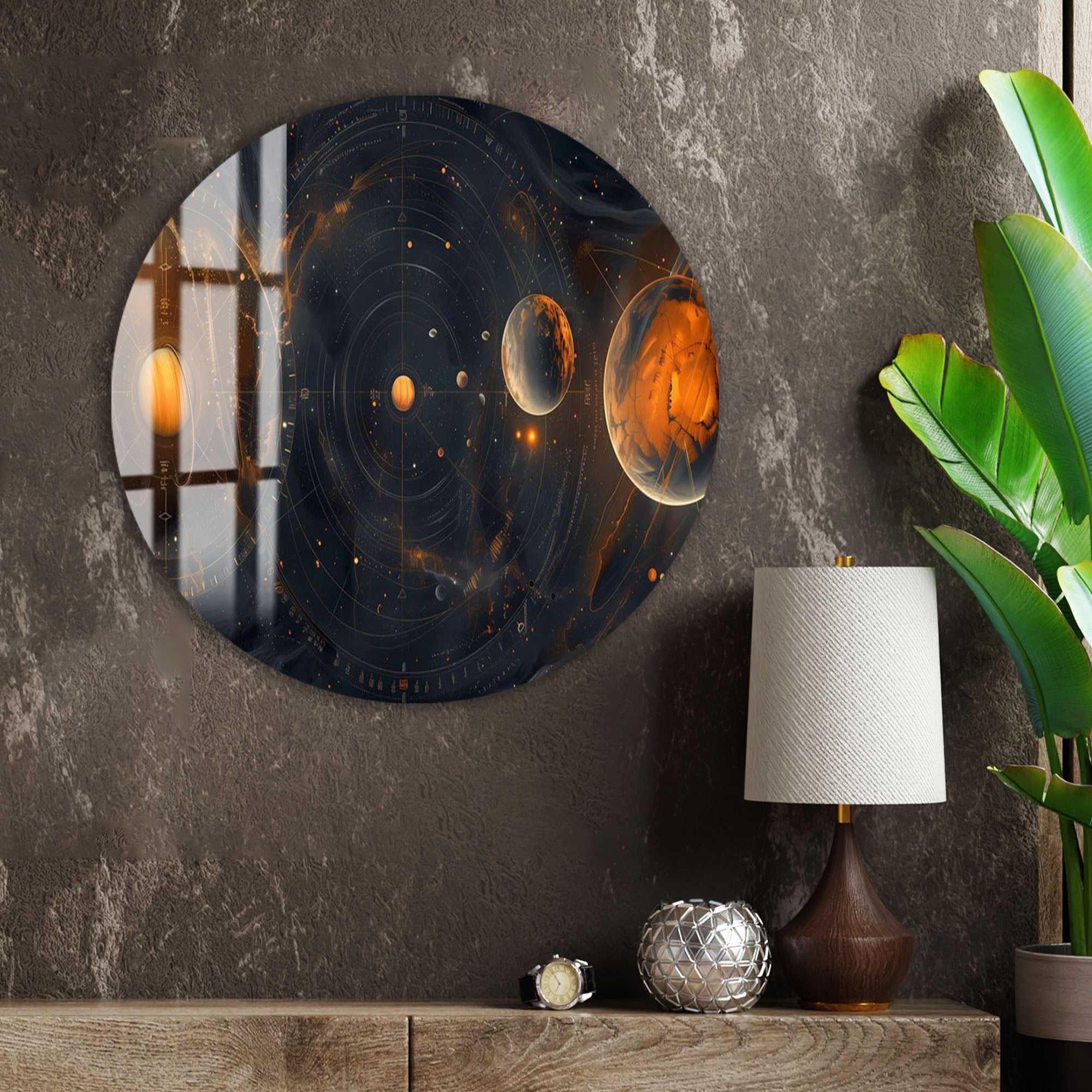 Solar System Glass Wall Art – Cosmic Planetary Orbit Design for Modern Interiors