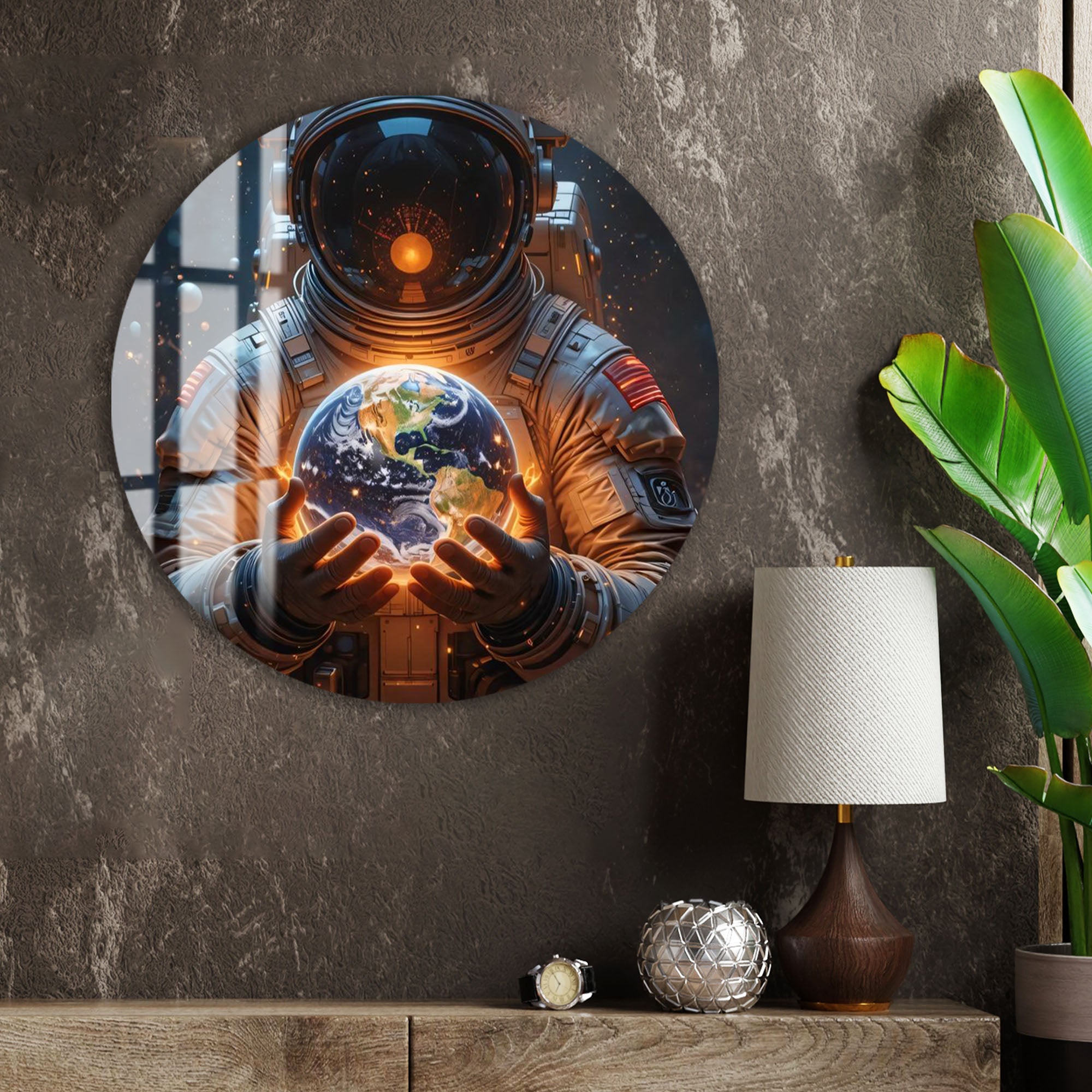 Astronaut Holding Earth Glass Wall Art – Futuristic Space Decor for Modern Interiors
