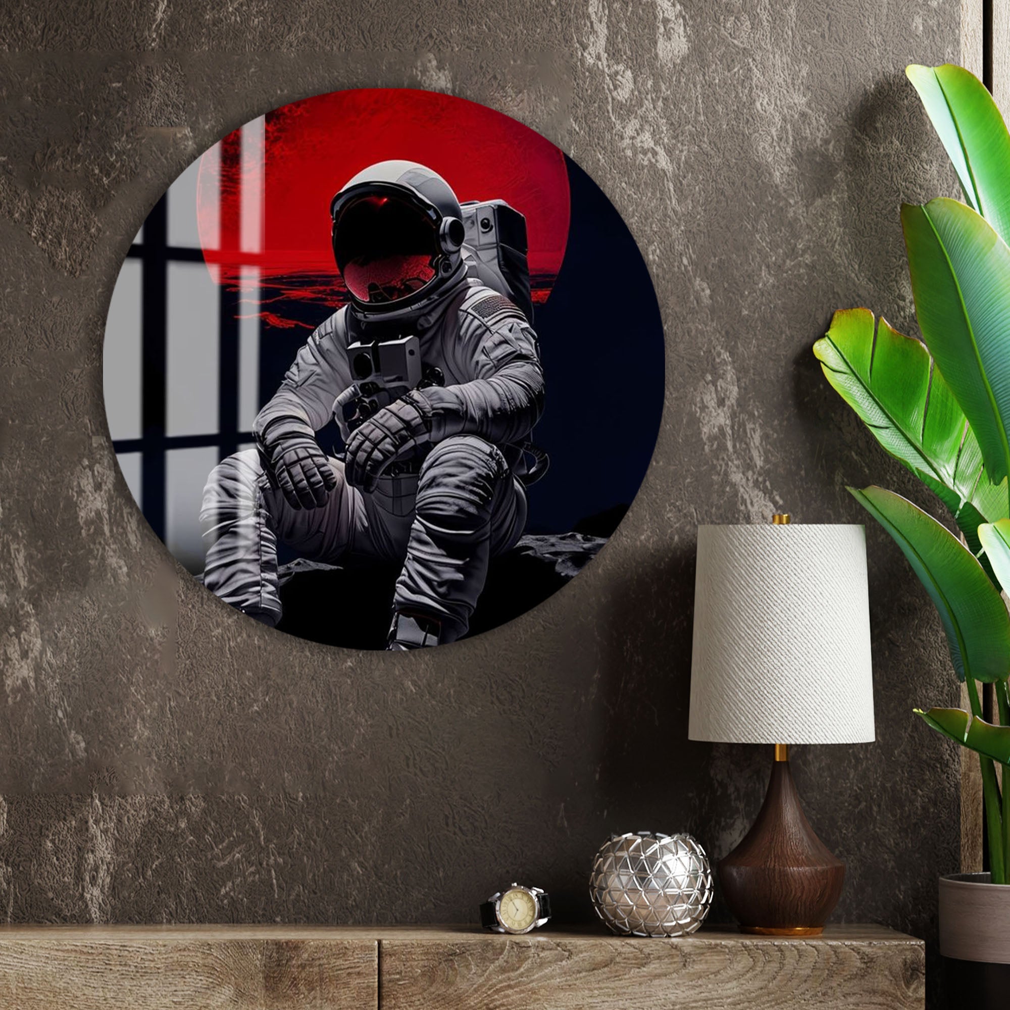 Red Moon Astronaut Glass Wall Art – Futuristic Space Decor for Modern Interiors