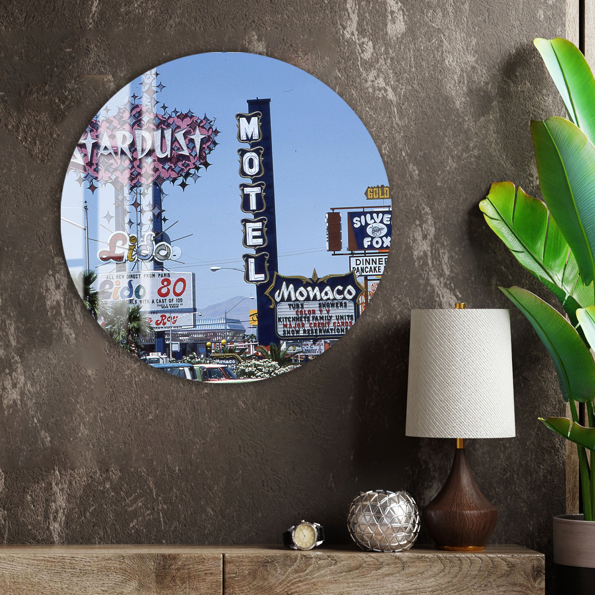 Las Vegas Vintage Signs Glass Wall Art – Retro Cityscape Poster for Modern Interiors