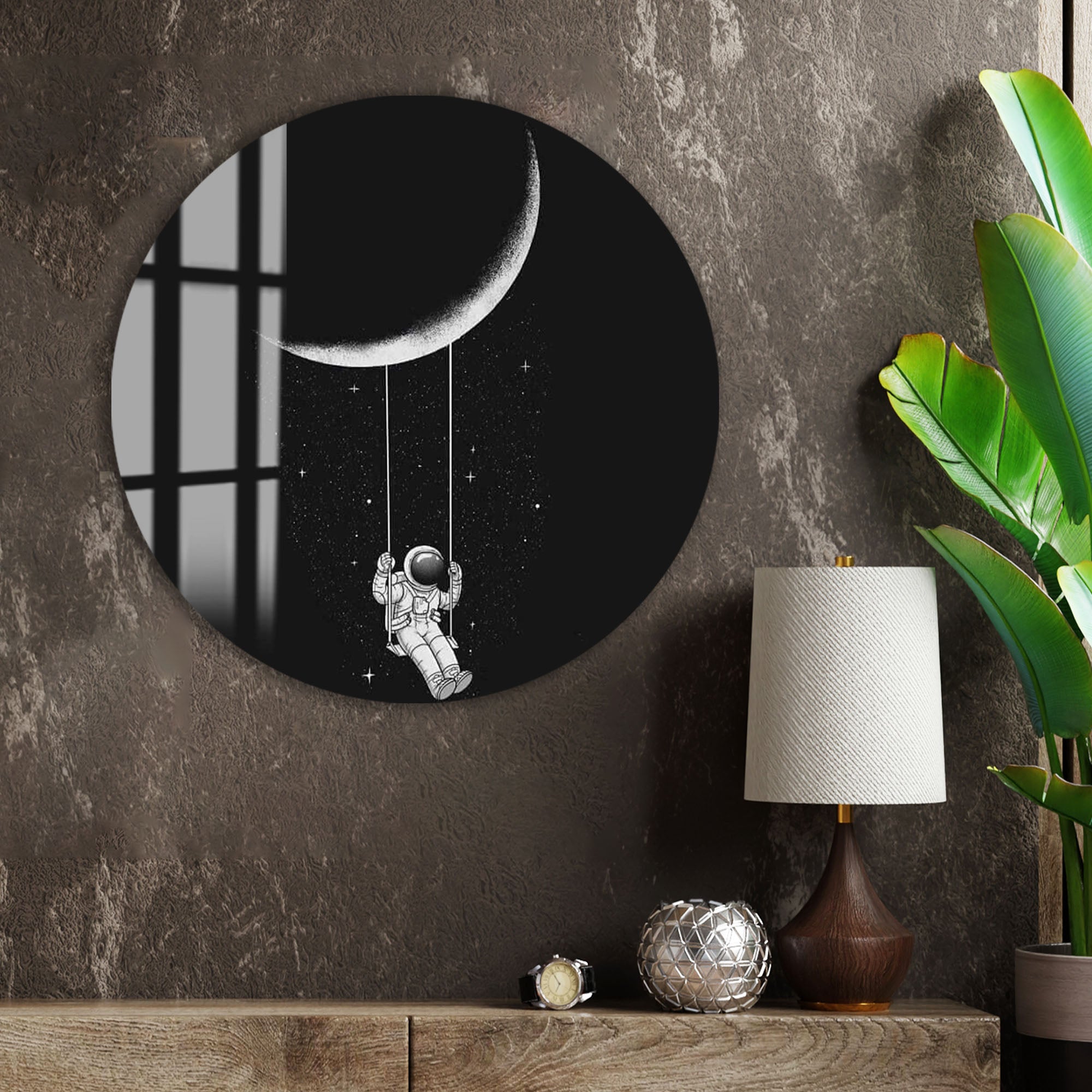 Astronaut Swing on Moon Glass Wall Art – Whimsical Space Decor for Modern Interiors
