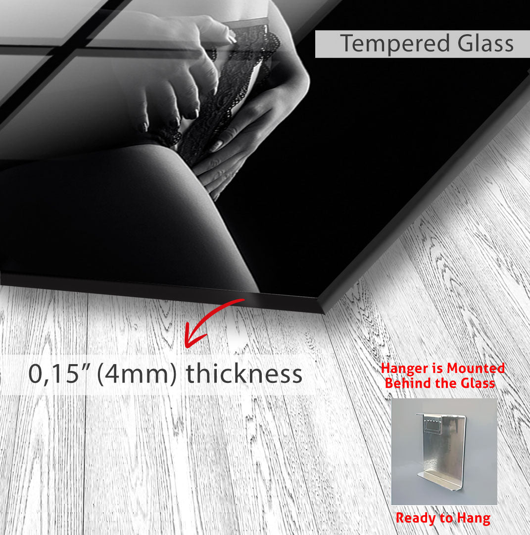 Erotic Female Nude Glass Wall Art – Sensual Black and White Elegance