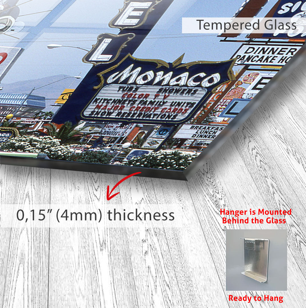 Las Vegas Vintage Signs Glass Wall Art – Retro Cityscape Poster for Modern Interiors