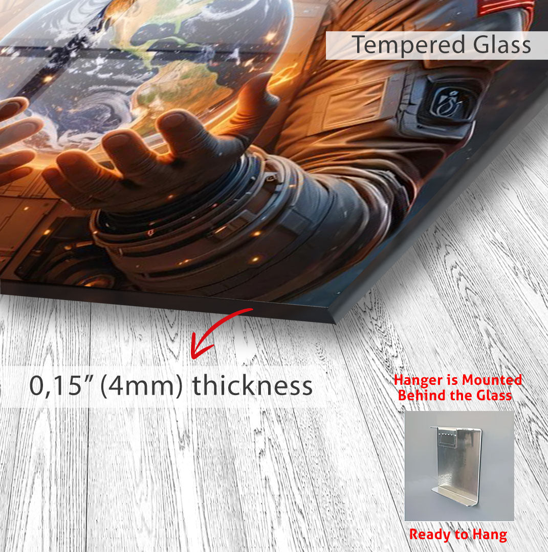 Astronaut Holding Earth Glass Wall Art – Futuristic Space Decor for Modern Interiors