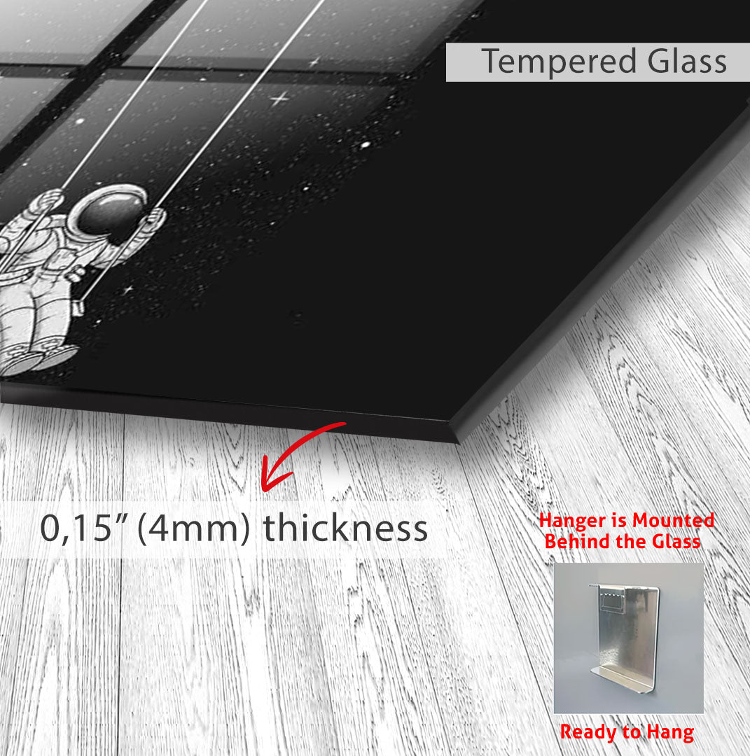 Astronaut Swing on Moon Glass Wall Art – Whimsical Space Decor for Modern Interiors