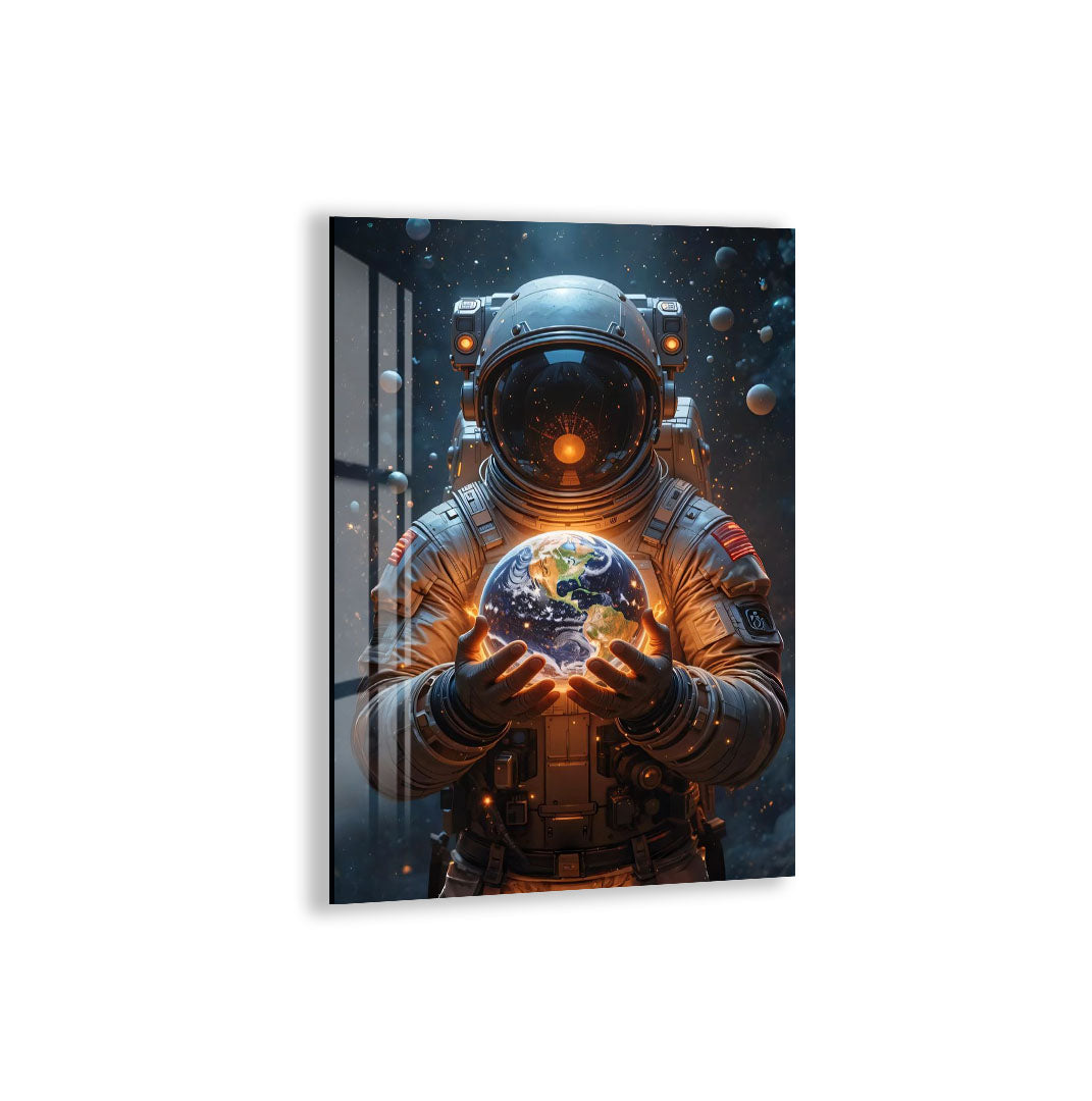 Astronaut Holding Earth Glass Wall Art – Futuristic Space Decor for Modern Interiors