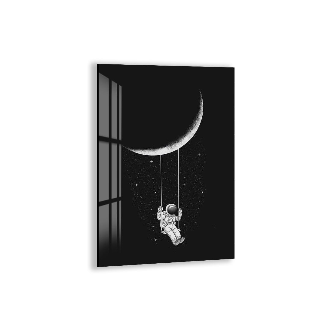 Astronaut Swing on Moon Glass Wall Art – Whimsical Space Decor for Modern Interiors