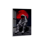 Red Moon Astronaut Glass Wall Art – Futuristic Space Decor for Modern Interiors