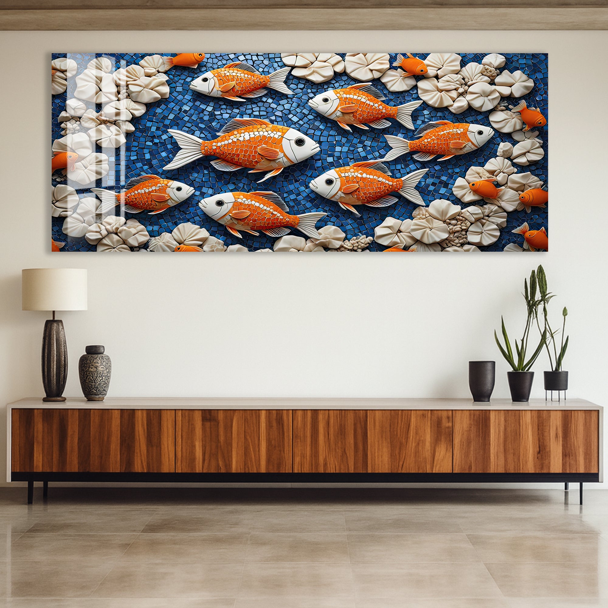 Colorful Koi Fish Glass Wall Art – Vibrant Aquatic Design for Modern Interiors