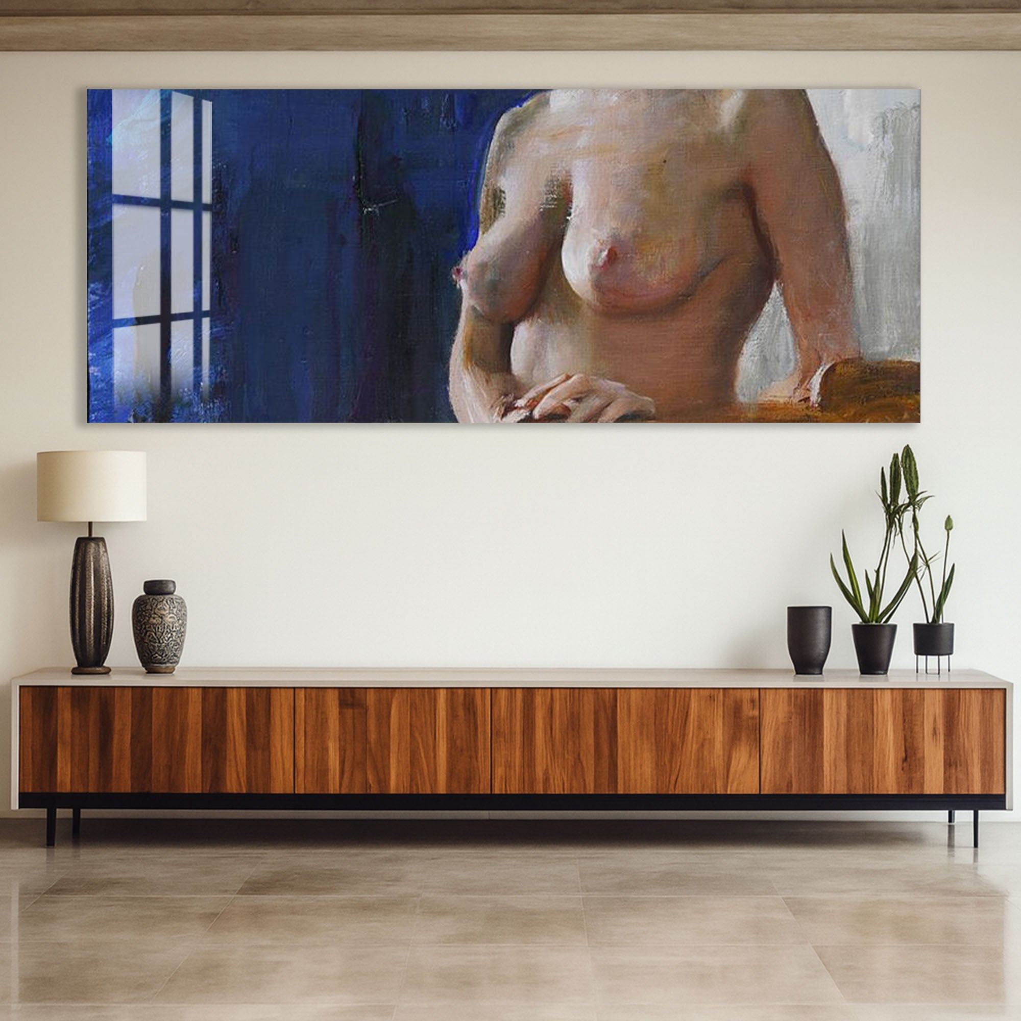 Abstract Nude Glass Wall Art – Modern Artistic Female Figure Painting