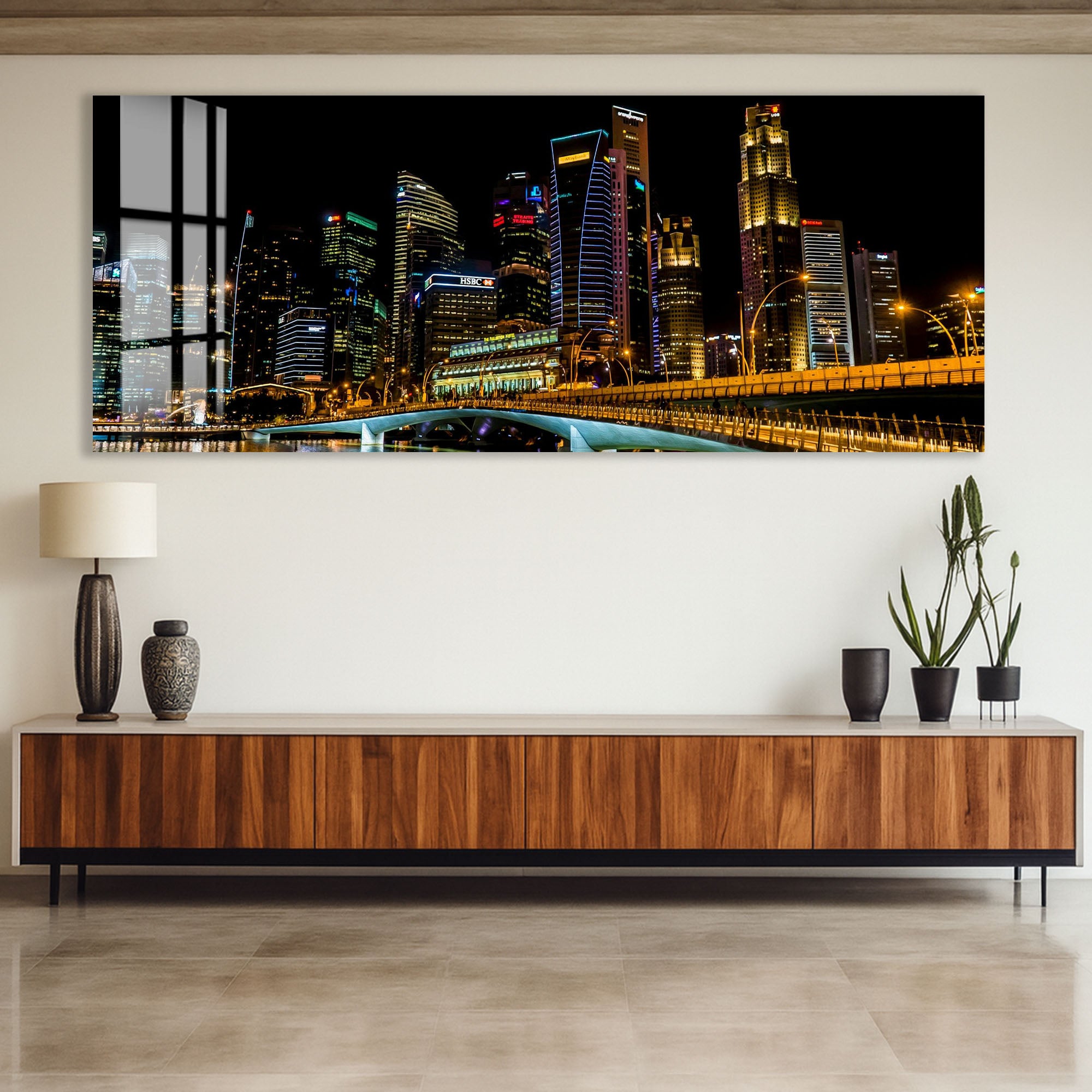 Singapore Skyline Glass Wall Art – Modern Cityscape Poster with Night Lights