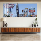 Las Vegas Vintage Signs Glass Wall Art – Retro Cityscape Poster for Modern Interiors