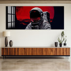 Red Moon Astronaut Glass Wall Art – Futuristic Space Decor for Modern Interiors
