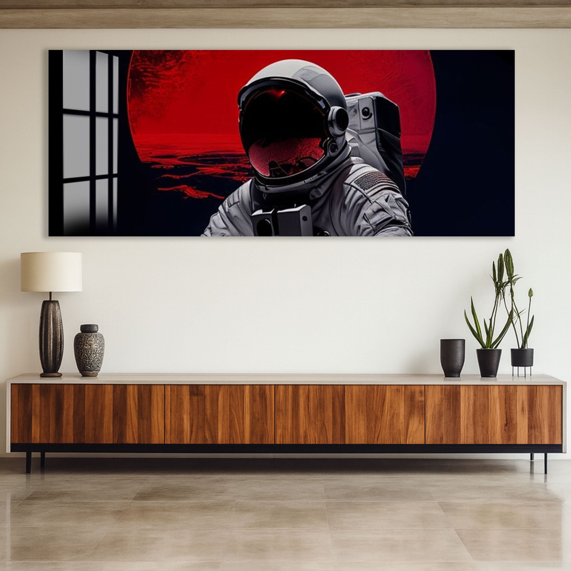 Red Moon Astronaut Glass Wall Art – Futuristic Space Decor for Modern Interiors