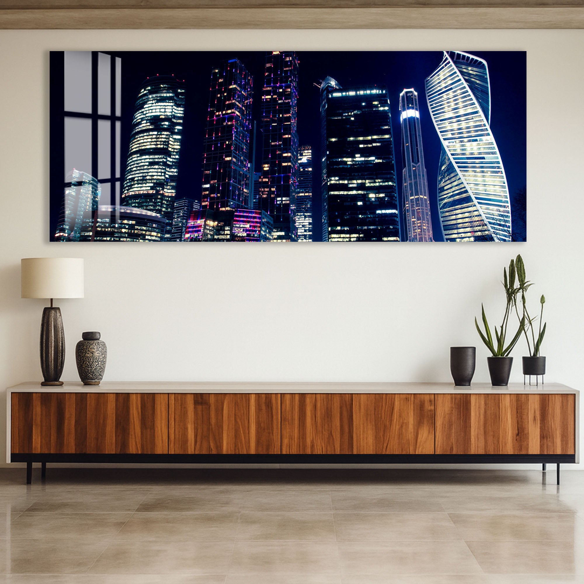 Moscow City Skyline Glass Wall Art – Futuristic Night Skyscraper Poster