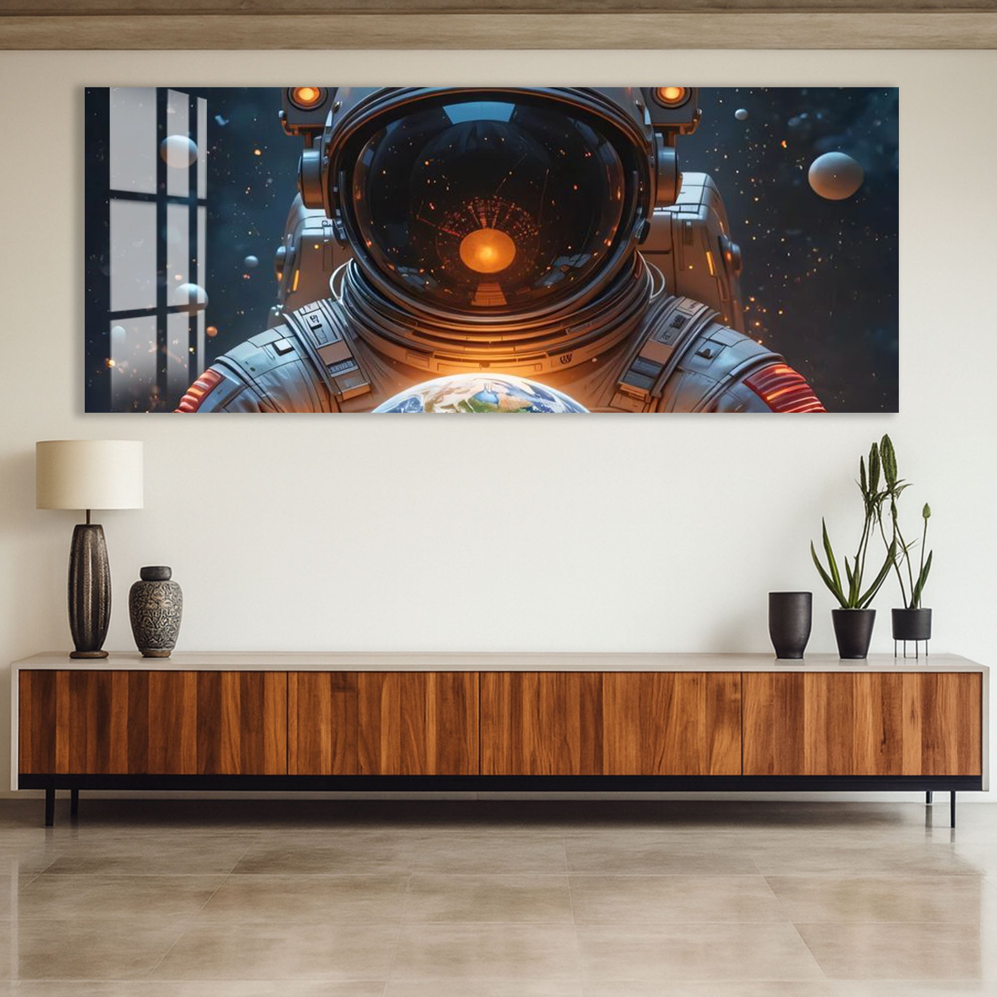 Astronaut Holding Earth Glass Wall Art – Futuristic Space Decor for Modern Interiors