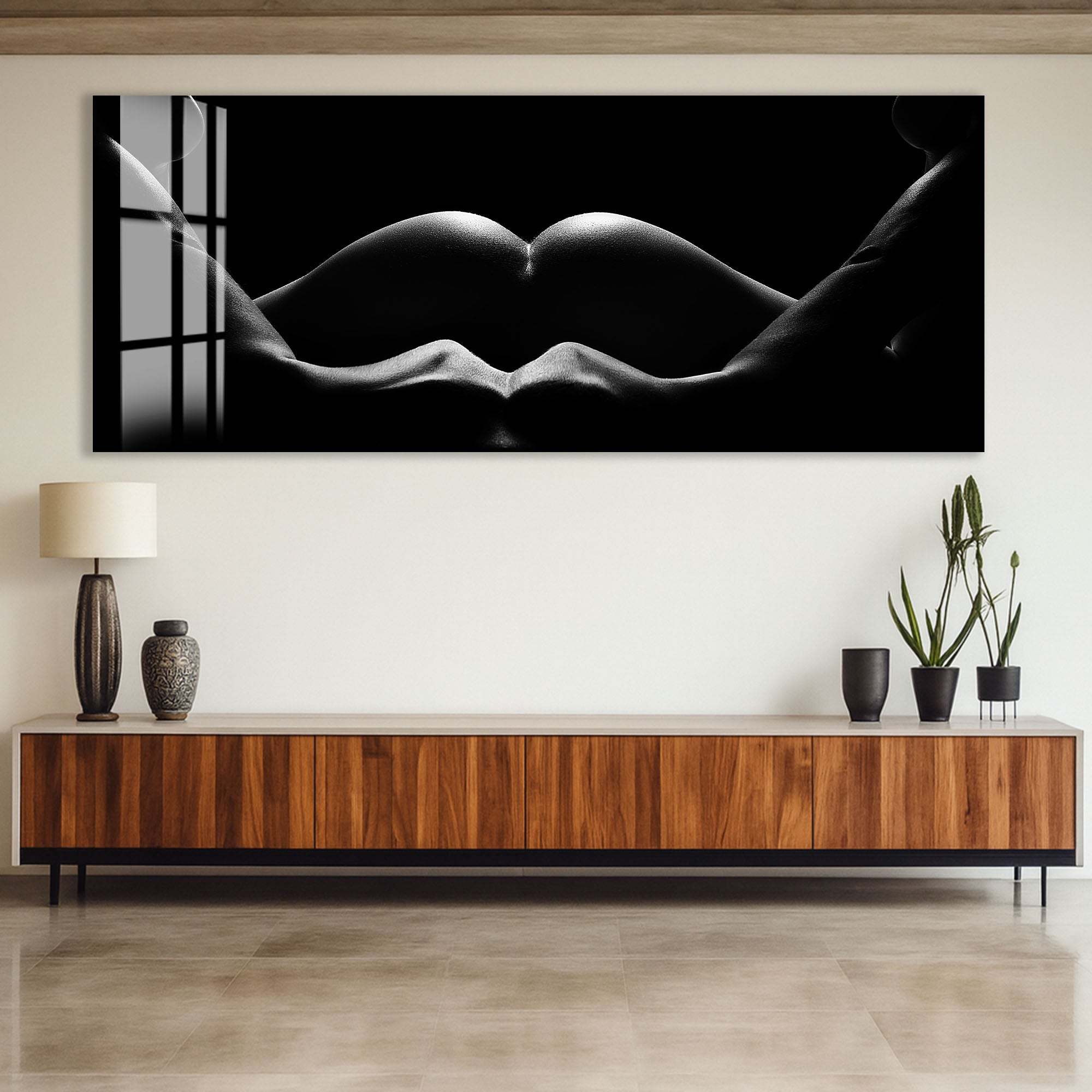 Erotic Nude Glass Wall Art – Sensual Black and White Intimate Body Decor