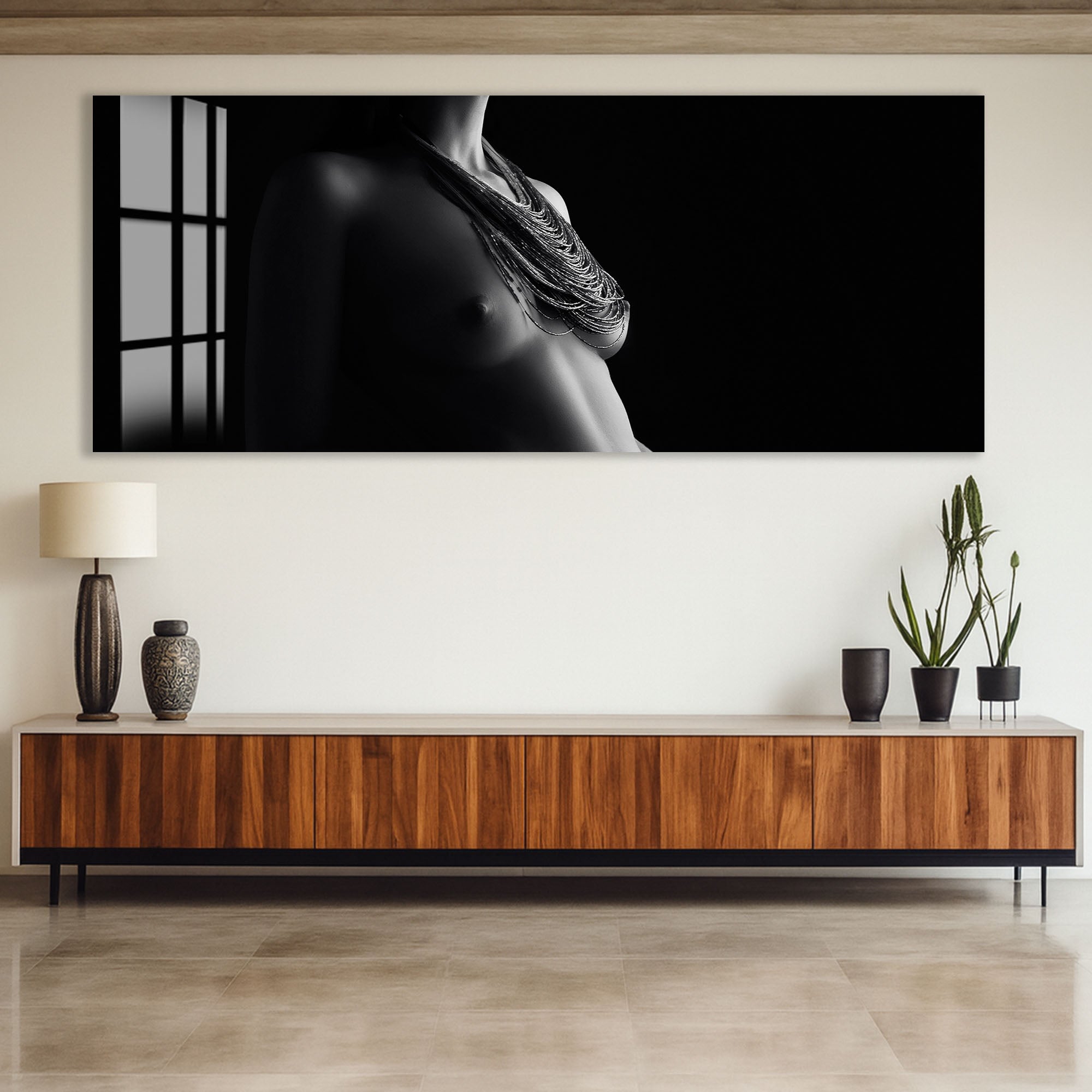 Erotic Female Nude Glass Wall Art – Sensual Black and White Elegance