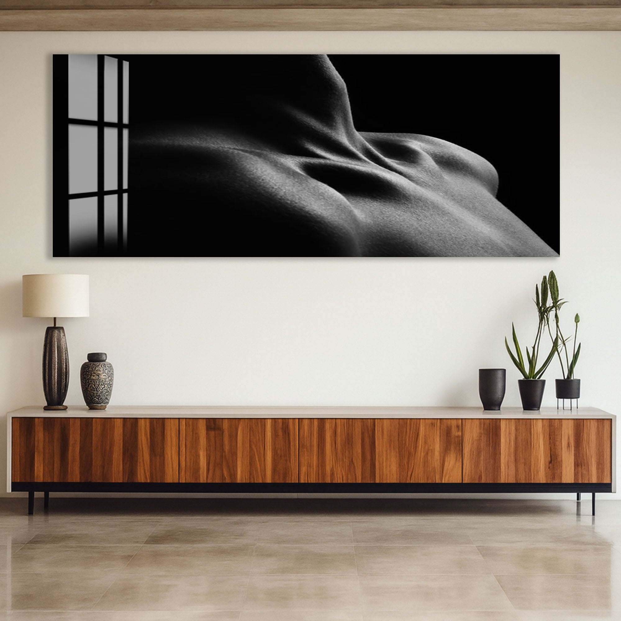 Erotic Male Nude Glass Wall Art – Sensual Black and White Body Decor