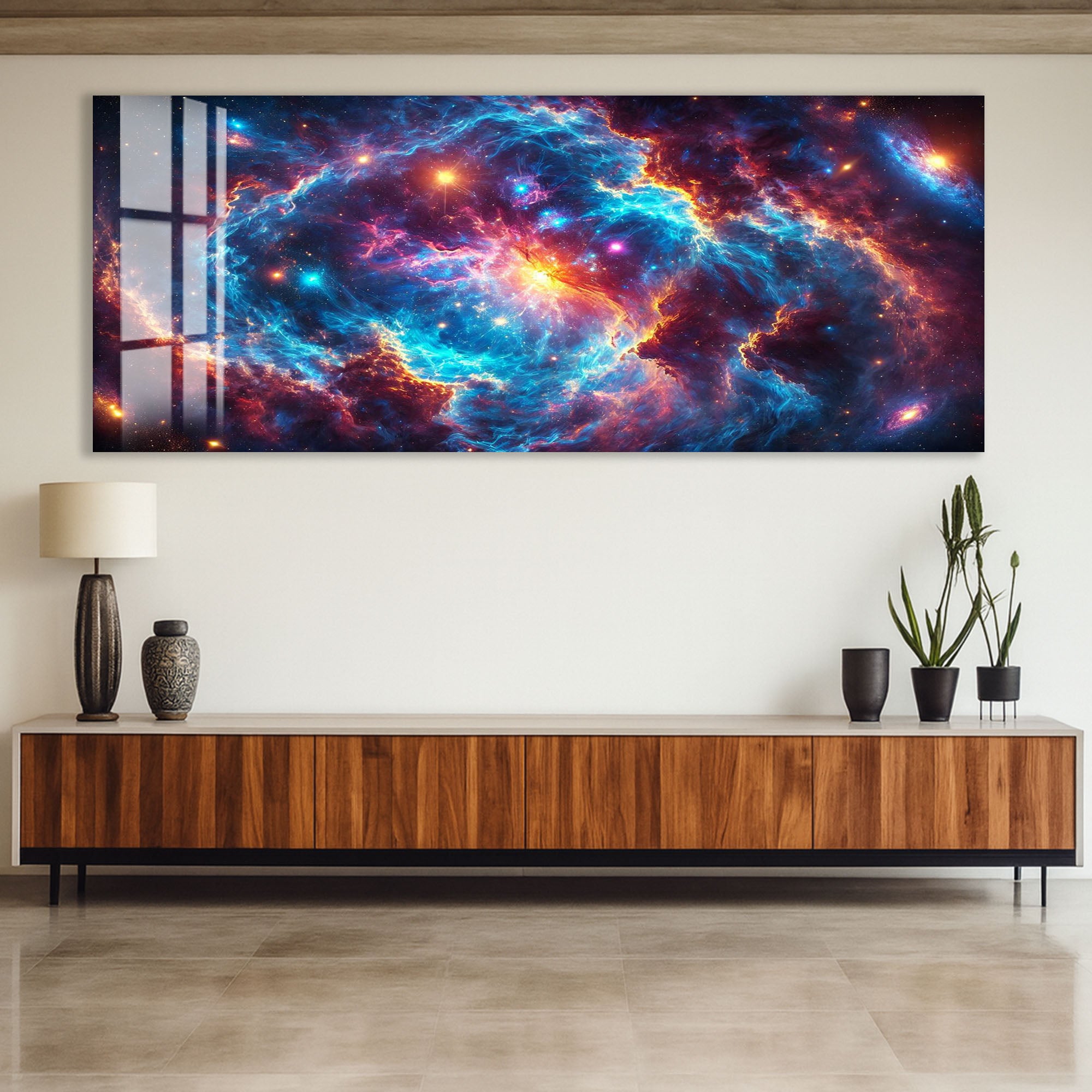 Colorful Cosmic Nebula Glass Wall Art – Vibrant Space Decor for Modern Interiors