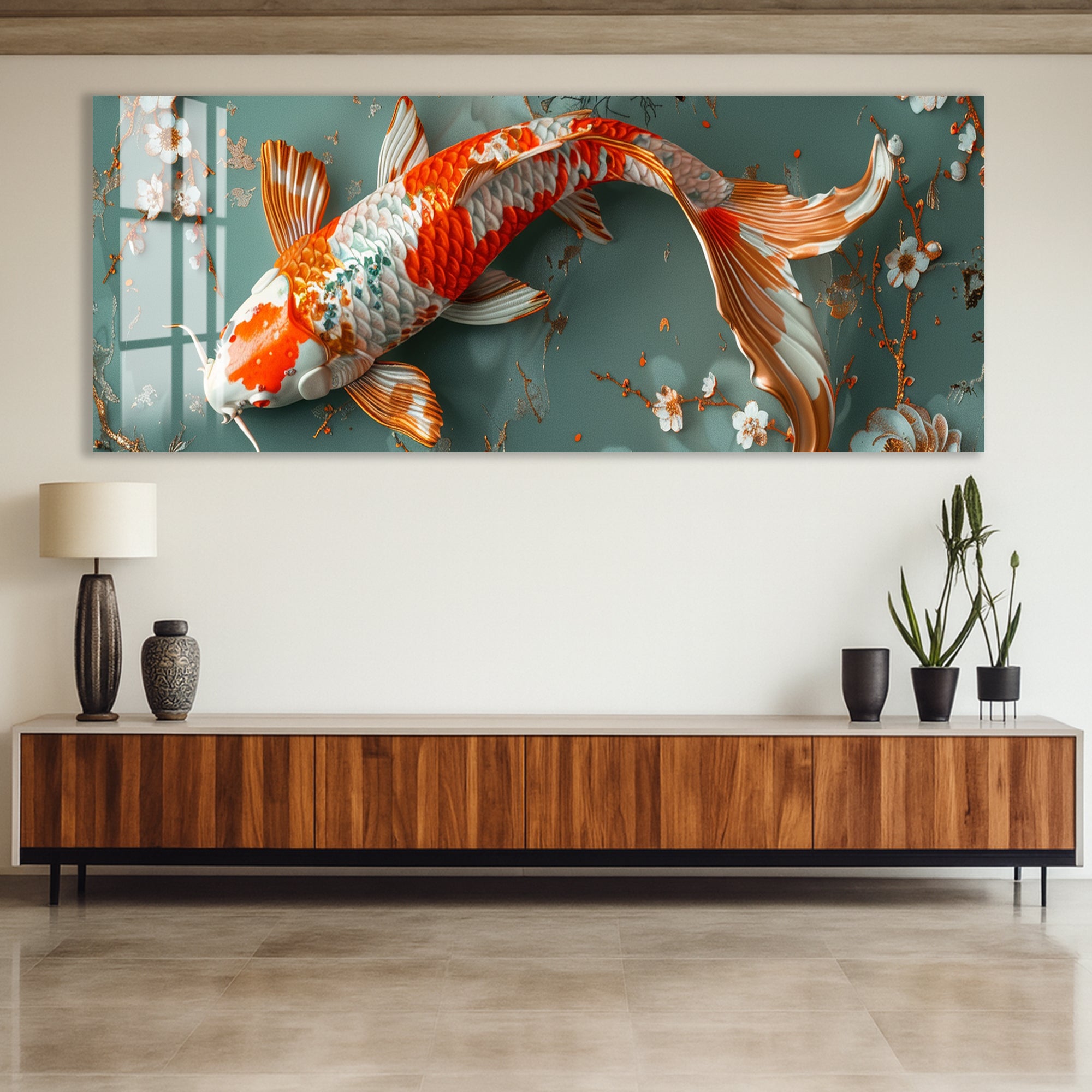 Koi Fish Glass Wall Art – Elegant Japanese Style Artwork for Modern Interiors