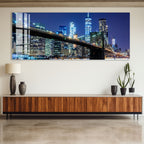 Brooklyn Bridge Night Glass Wall Art – Illuminated New York City Skyline Poster