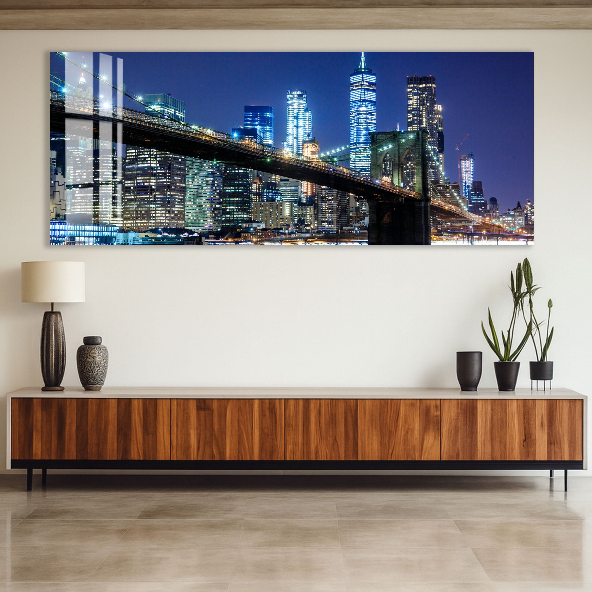 Brooklyn Bridge Night Glass Wall Art – Illuminated New York City Skyline Poster