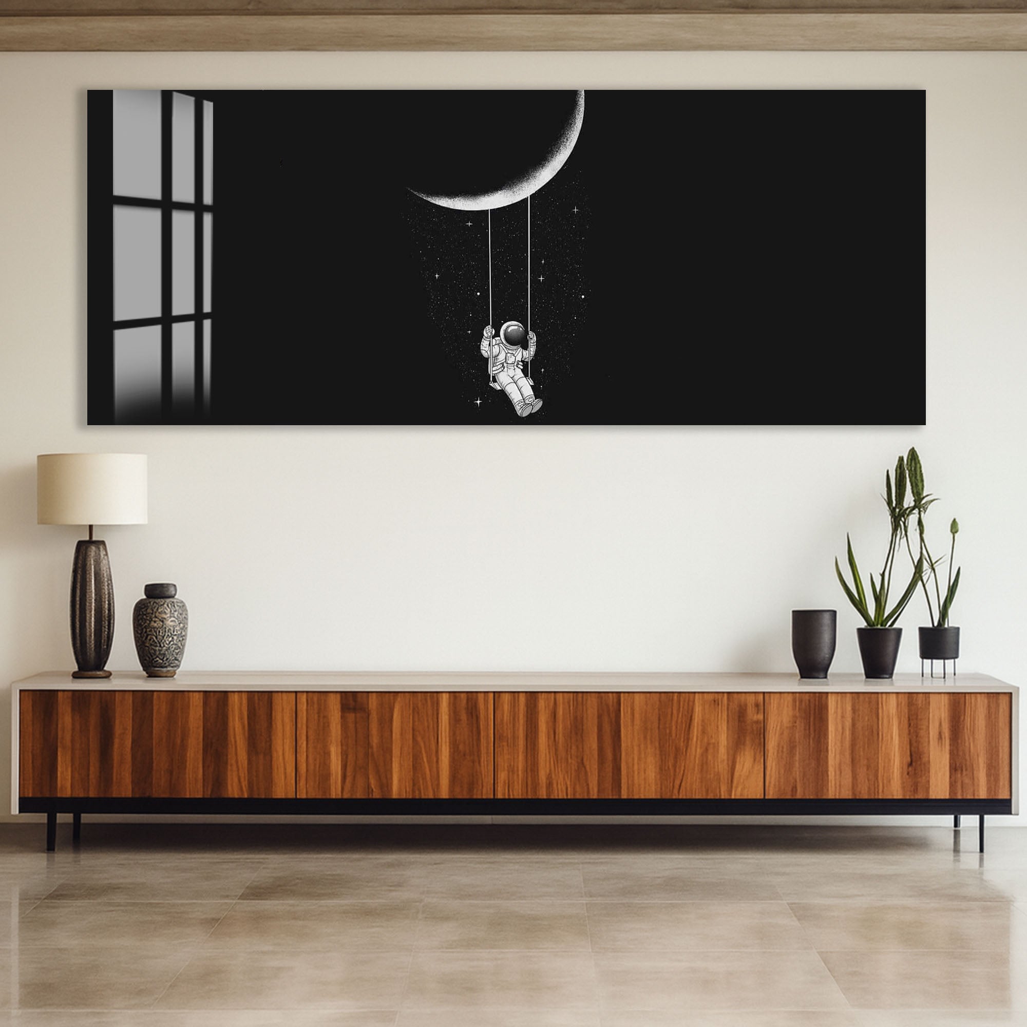 Astronaut Swing on Moon Glass Wall Art – Whimsical Space Decor for Modern Interiors