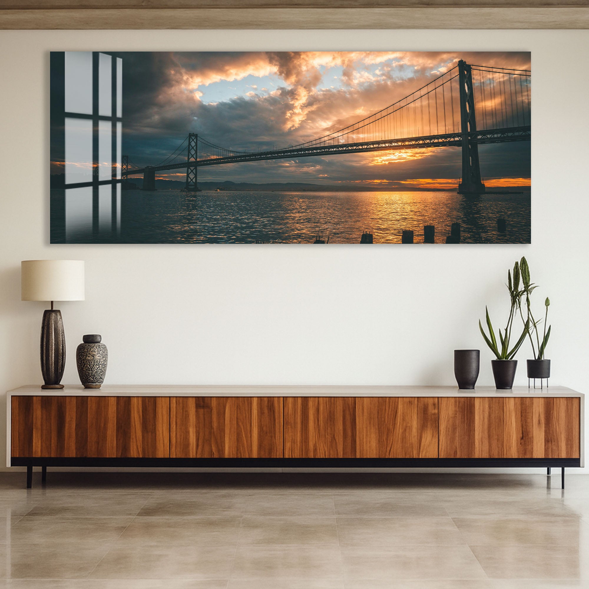 Golden Gate Bridge Sunset Glass Wall Art – Stunning San Francisco Cityscape Poster