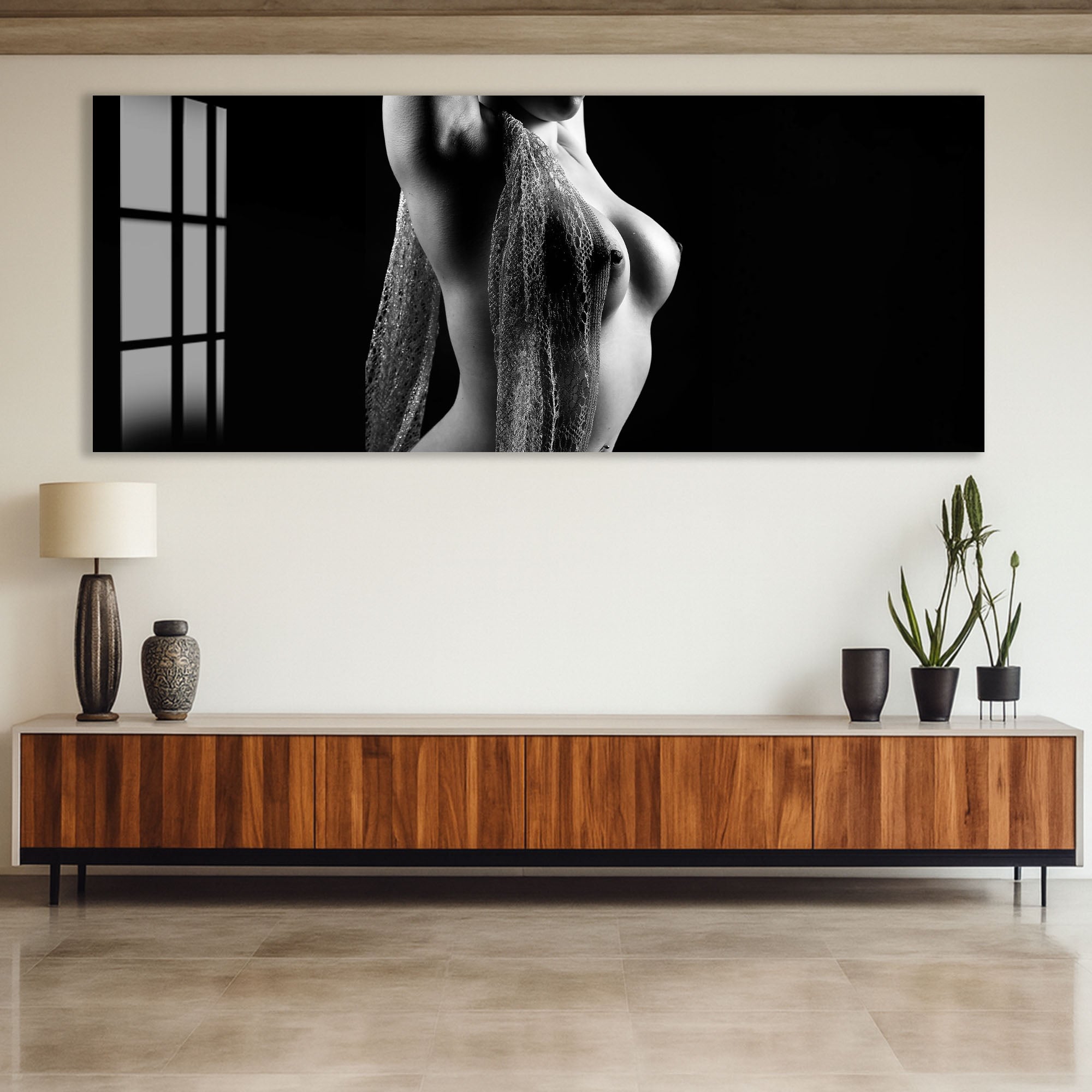Erotic Nude Glass Wall Art – Sensual Black and White Female Body Decor
