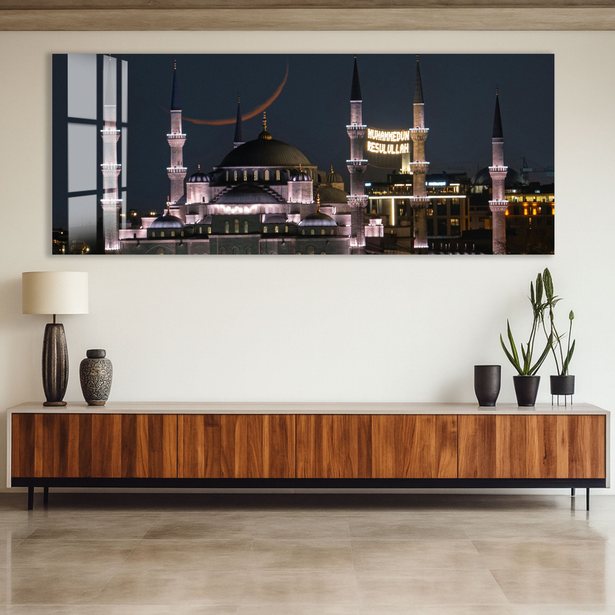 Istanbul Mosque Night View Glass Wall Art – Elegant Cityscape Poster for Modern Interiors