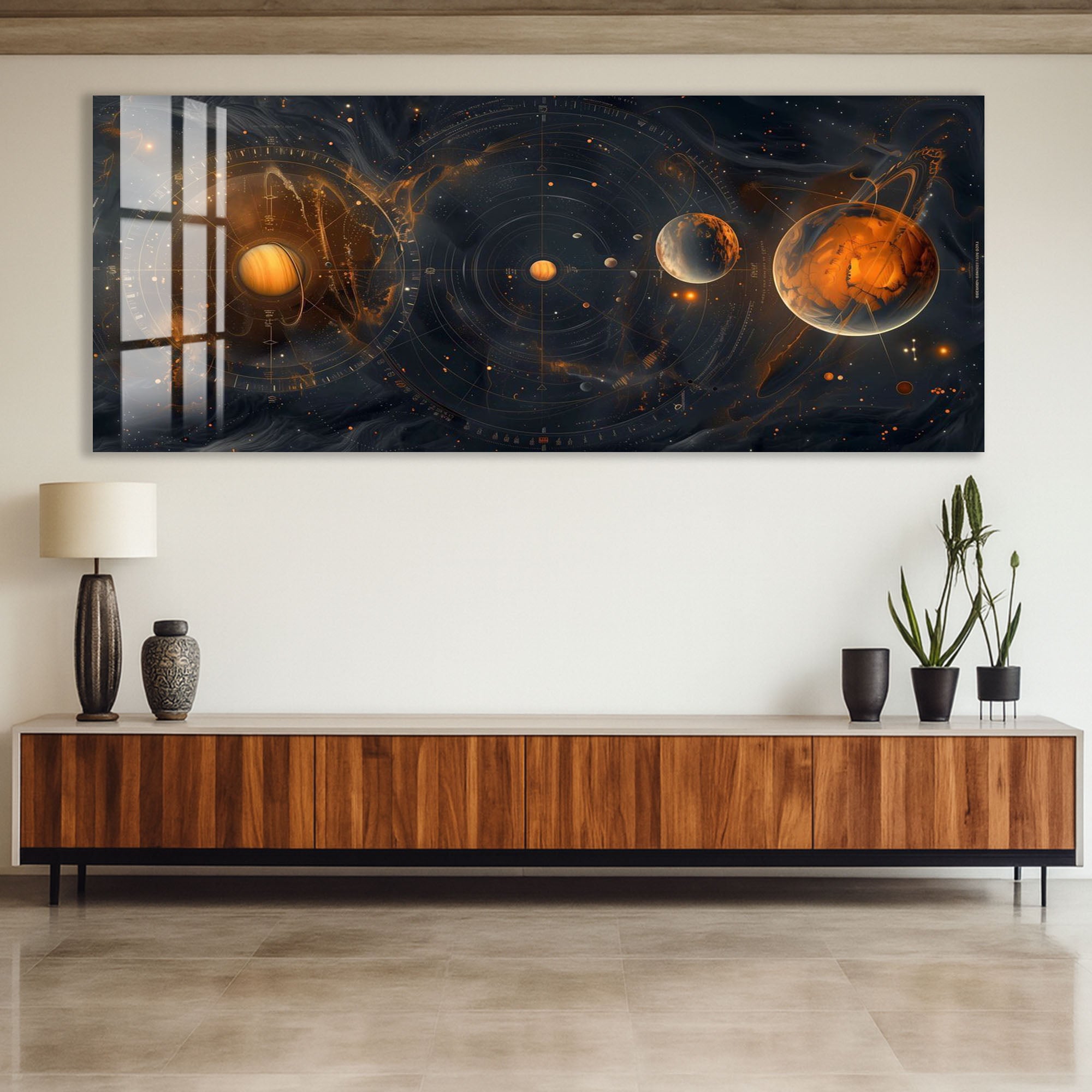 Solar System Glass Wall Art – Cosmic Planetary Orbit Design for Modern Interiors