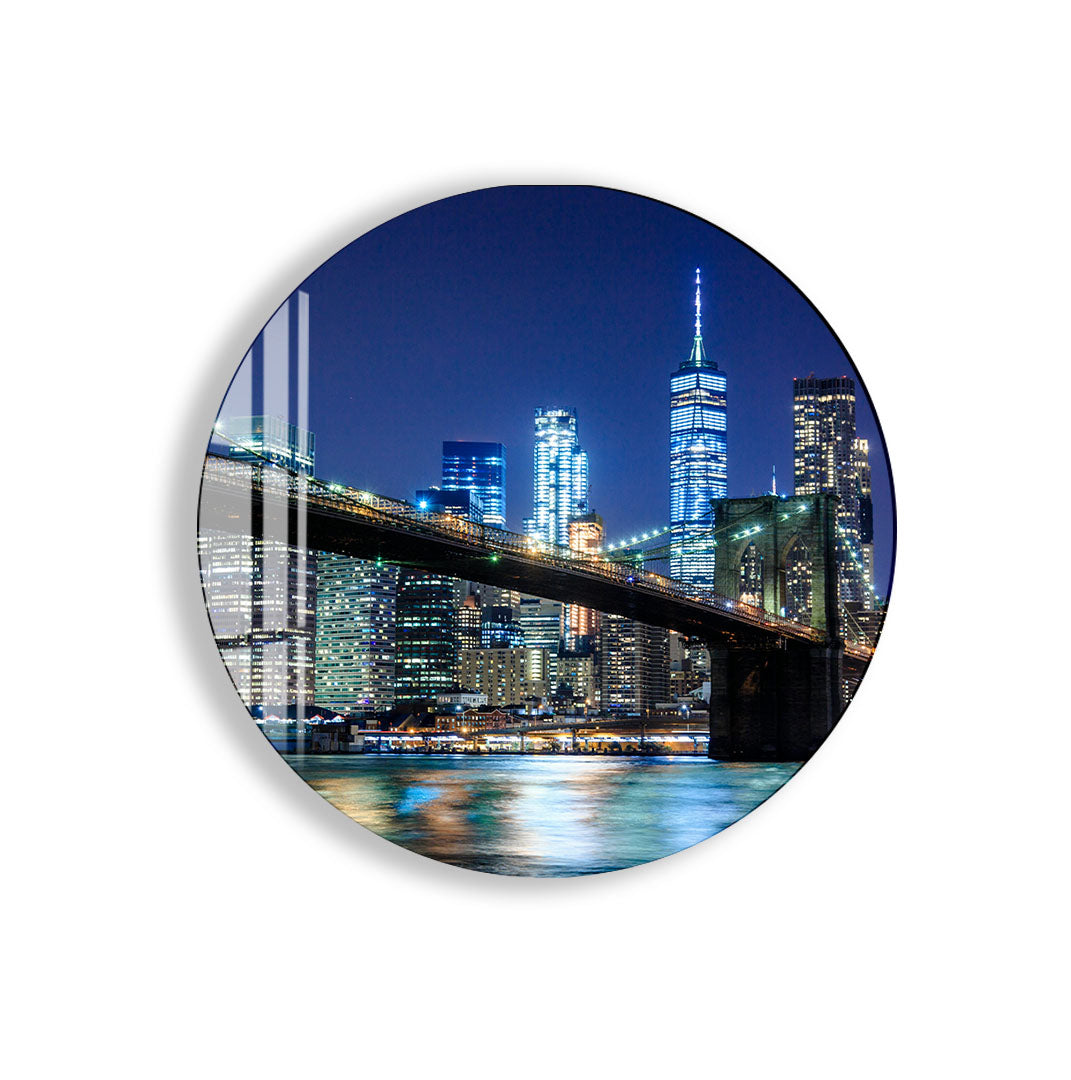 Brooklyn Bridge Night Glass Wall Art – Illuminated New York City Skyline Poster