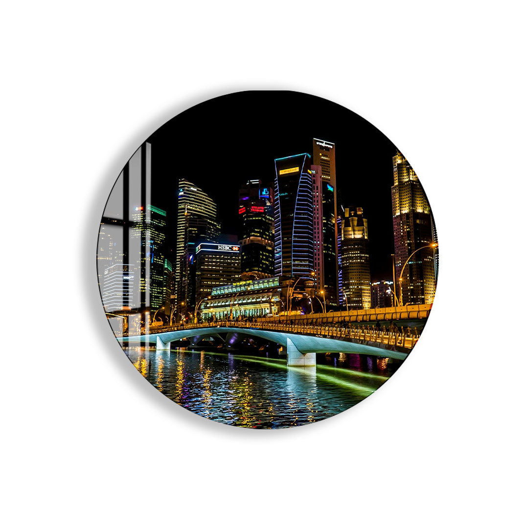Singapore Skyline Glass Wall Art – Modern Cityscape Poster with Night Lights