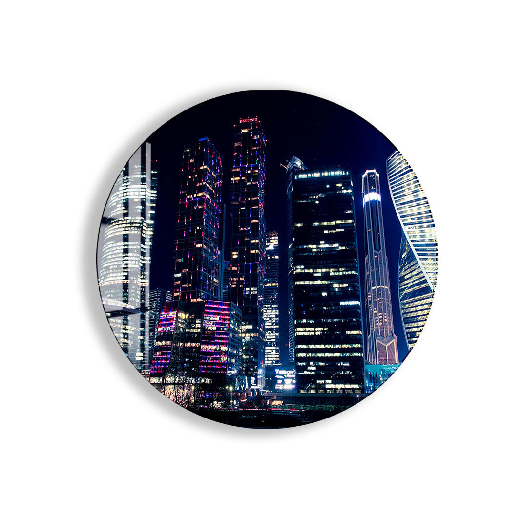 Moscow City Skyline Glass Wall Art – Futuristic Night Skyscraper Poster