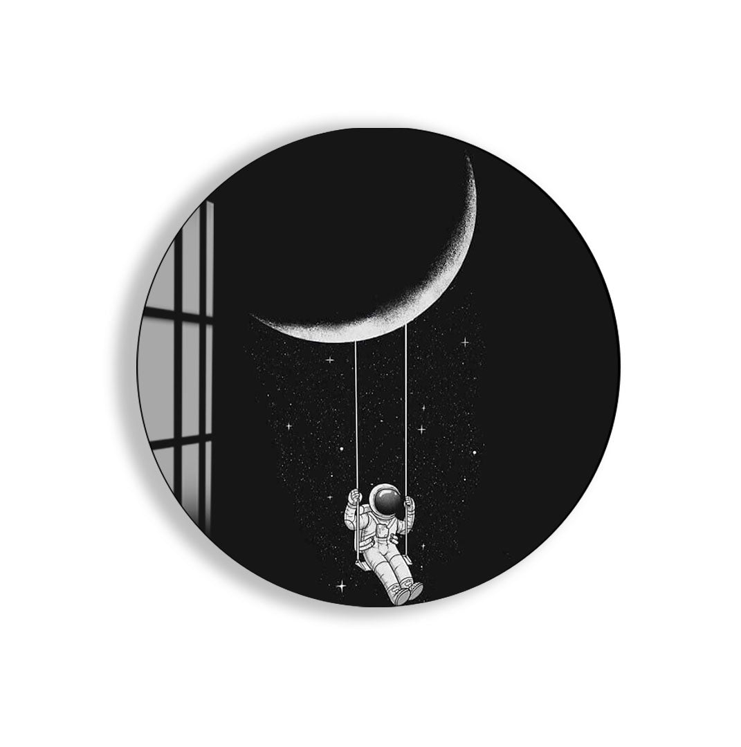 Astronaut Swing on Moon Glass Wall Art – Whimsical Space Decor for Modern Interiors