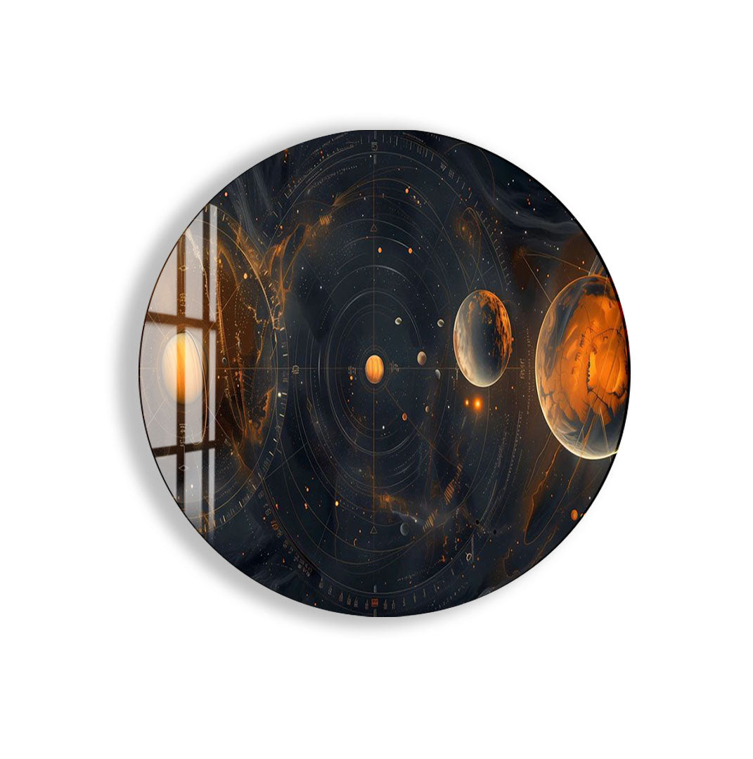 Solar System Glass Wall Art – Cosmic Planetary Orbit Design for Modern Interiors