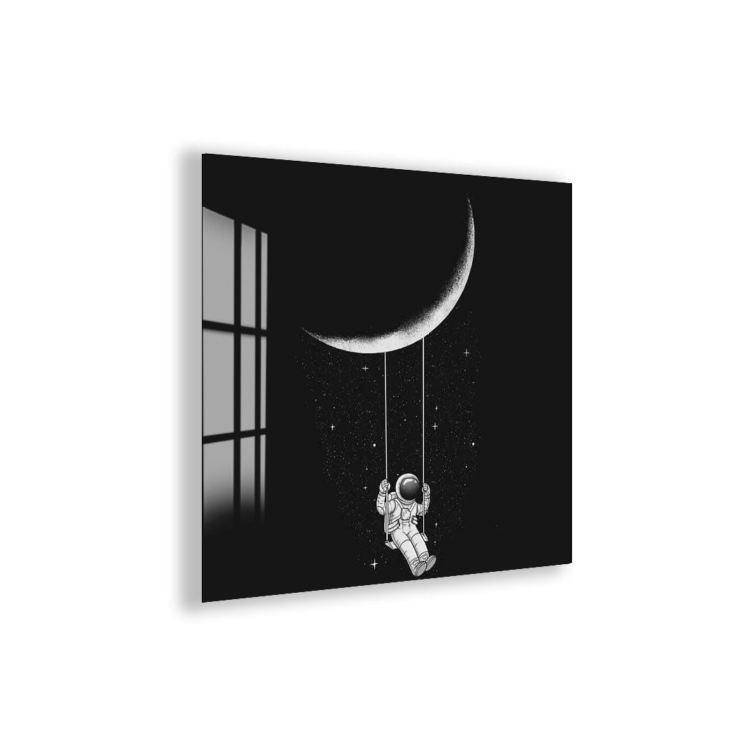 Astronaut Swing on Moon Glass Wall Art – Whimsical Space Decor for Modern Interiors