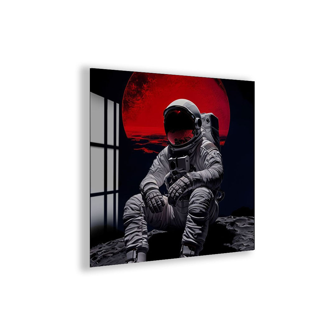 Red Moon Astronaut Glass Wall Art – Futuristic Space Decor for Modern Interiors
