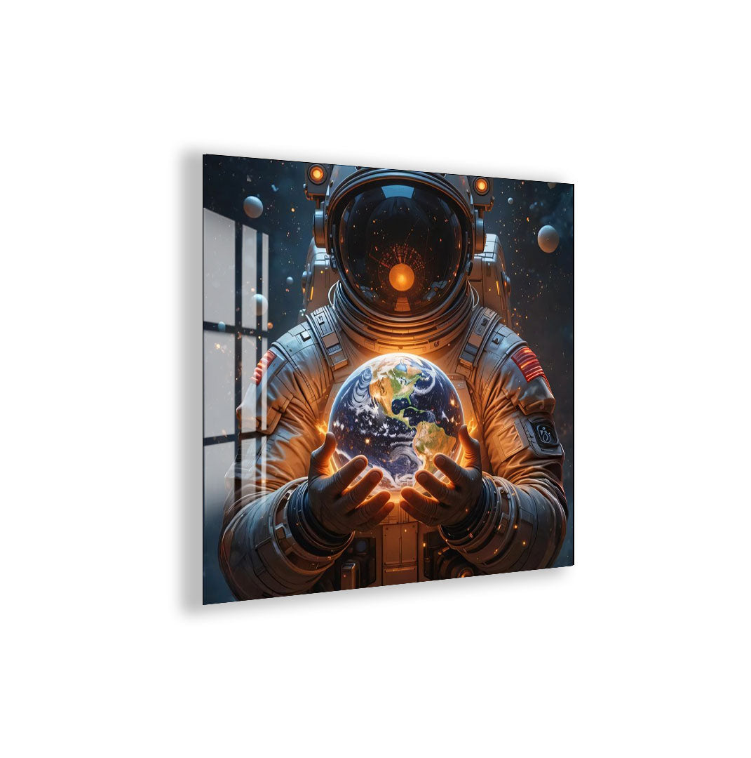 Astronaut Holding Earth Glass Wall Art – Futuristic Space Decor for Modern Interiors